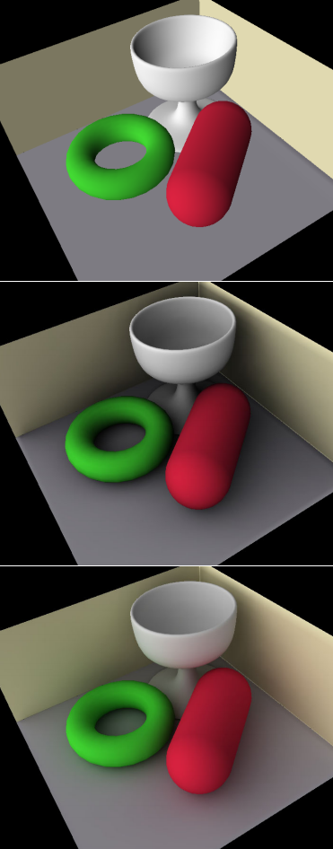 File:PRT.png|thumb|right|200px|From top to bottom: regular diffuse transfer, shadowed diffuse transfer, diffuse interreflected transfer.<br/>From Robin Green's "gritty details".